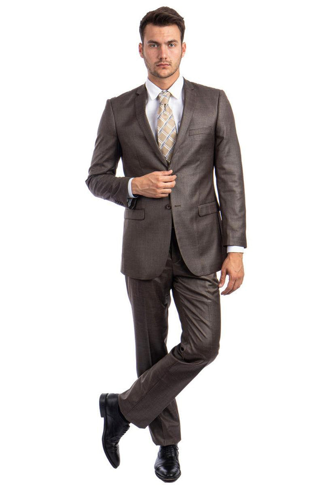 Tazio Men's Cocoa Brown Slim-Fit Sharkskin Suit | Shiny Textured Finish - USA Men's Outlet