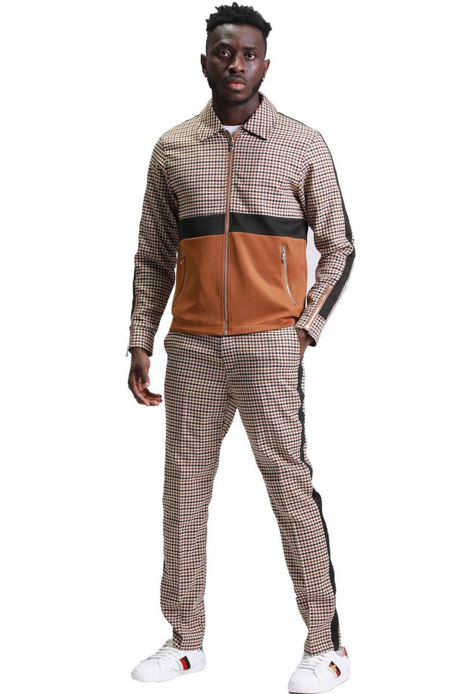 "Tazio Men's Coffee Brown Houndstooth Walking Suit Jacket & Pant Set" - USA Men's Outlet