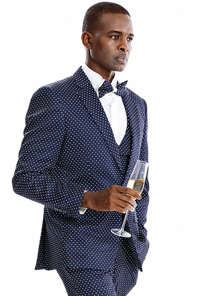 Tazio Men's Elegant 1-Button Vested Polka Dot Prom Suit in Navy Blue & White - USA Men's Outlet