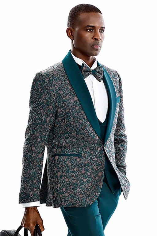 Tazio Men's Green Vested Shawl Lapel Prom Tuxedo - Vintage Splatter Print - USA Men's Outlet