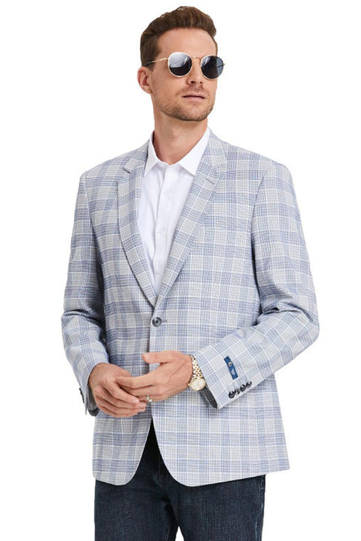 "Tazio Men's Grey & Blue Glen Plaid Sports Coat - 2-Button Business Casual" - USA Men's Outlet