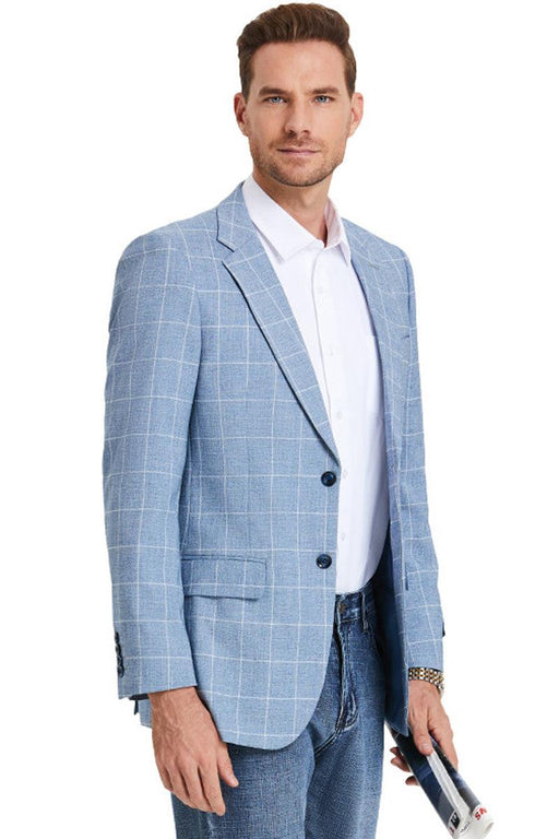 Tazio Men's Light Blue Windowpane Plaid Slim Fit Suit - USA Men's Outlet