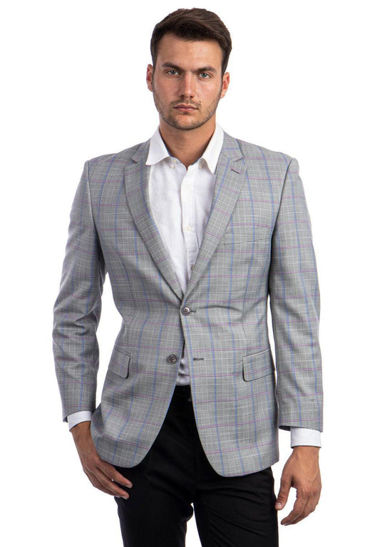 Tazio Men's Light Grey Sport Coat w/ Blue & Pink Plaid Windowpane - Regular Fit - USA Men's Outlet