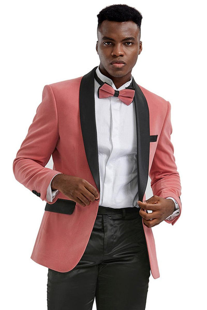 Tazio Men's Mauve Coral Pink Velvet Shawl Lapel Slim Fit Wedding Tuxedo Jacket - USA Men's Outlet