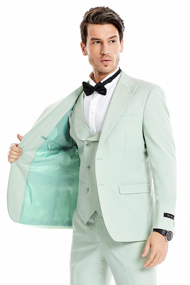 Tazio Men's Mint Green 2-Btn Vested Wedding/Prom Suit: Peak Lapel - USA Men's Outlet