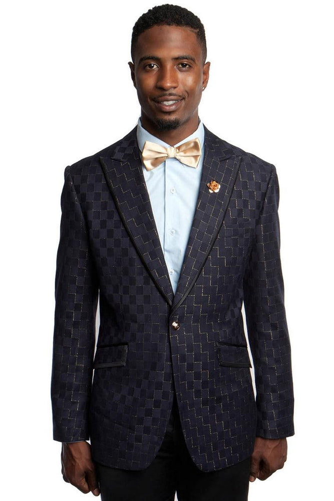 "Tazio Men's Navy & Gold Blazer: One-Button, Peak Lapel, Square Print" - USA Men's Outlet