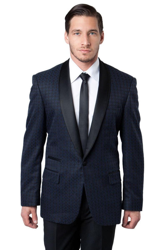 Tazio Men's Navy Blue Check Shawl Tuxedo Jacket - USA Men's Outlet