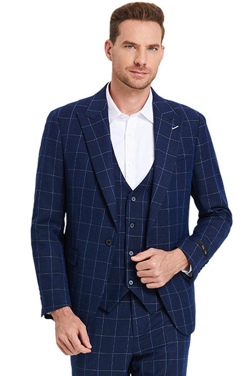 Tazio Men's Navy Blue Plaid Suit w/ One-Button Peak Lapel & Bold Chalk Windowpane - USA Men's Outlet