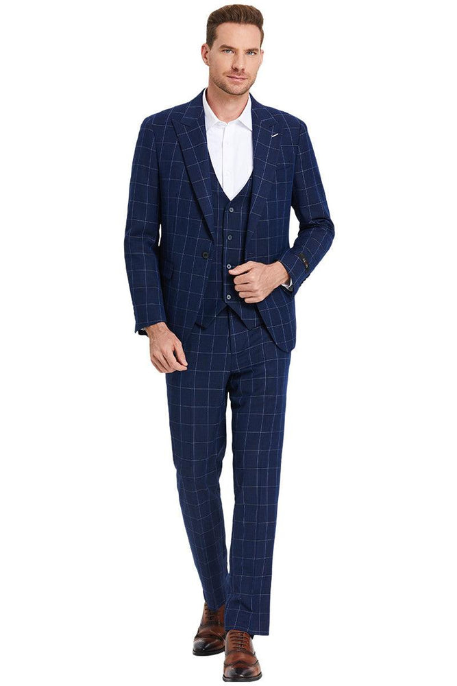 Tazio Men's Navy Blue Plaid Suit w/ One-Button Peak Lapel & Bold Chalk Windowpane - USA Men's Outlet