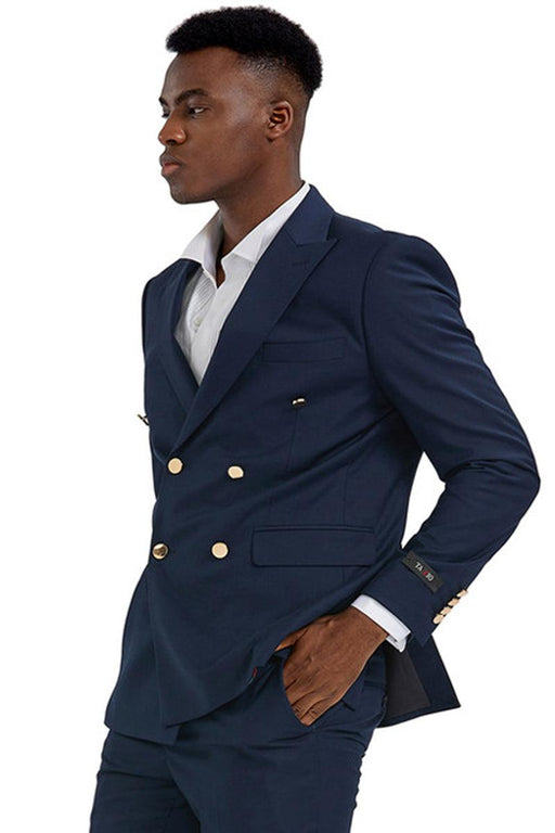 Tazio Men's Navy Blue Slim Fit Double Breasted Wedding Suit with Gold Buttons - USA Men's Outlet