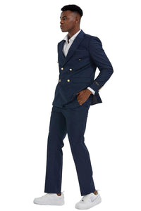 Tazio Men's Navy Blue Slim Fit Double Breasted Wedding Suit with Gold Buttons - USA Men's Outlet
