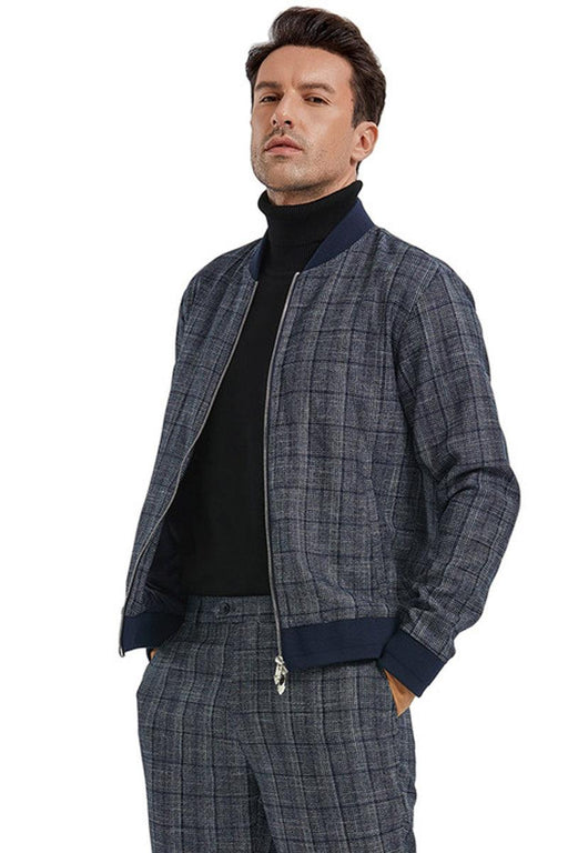 "Tazio Men's Navy Plaid Walking Track Suit Jacket & Pant Set" - USA Men's Outlet