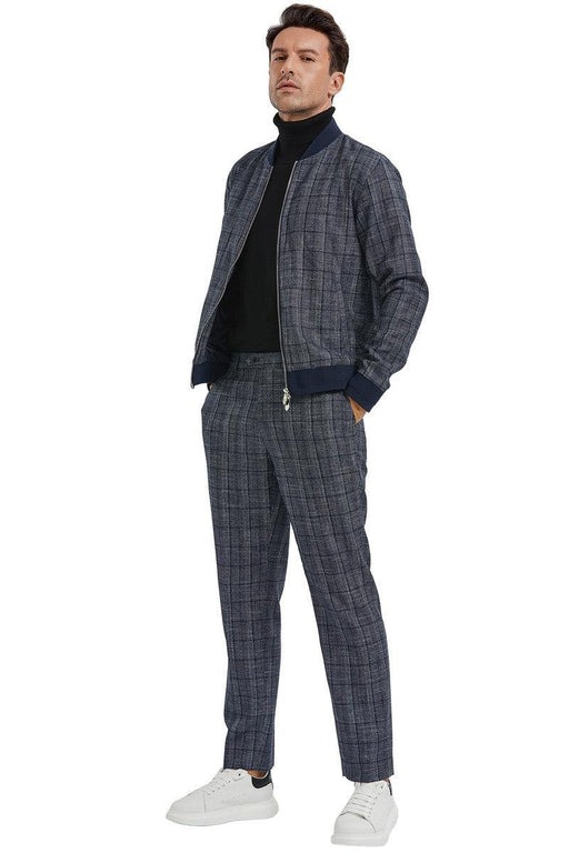 "Tazio Men's Navy Plaid Walking Track Suit Jacket & Pant Set" - USA Men's Outlet