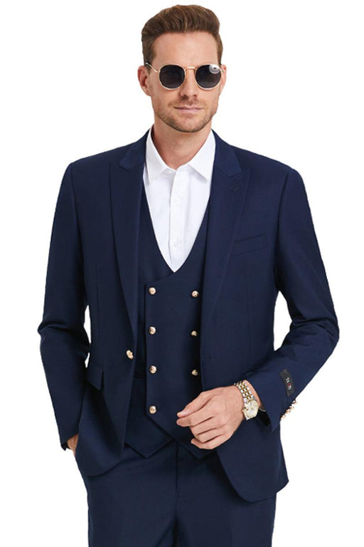 Tazio Men's One-Button Navy Suit with Gold Peak Lapel & Buttons - USA Men's Outlet