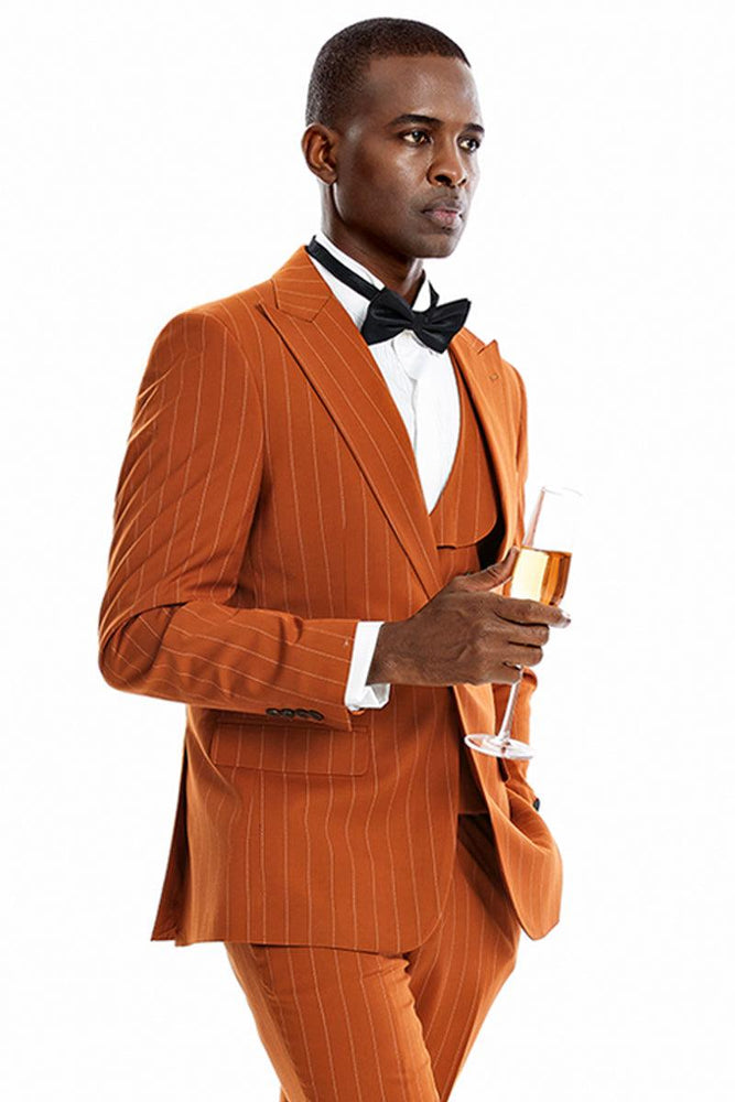 Tazio Men's One-Button Pinstripe Suit -Wide Peak Lapel, Bold Gangster Pattern in Orange Rust - USA Men's Outlet