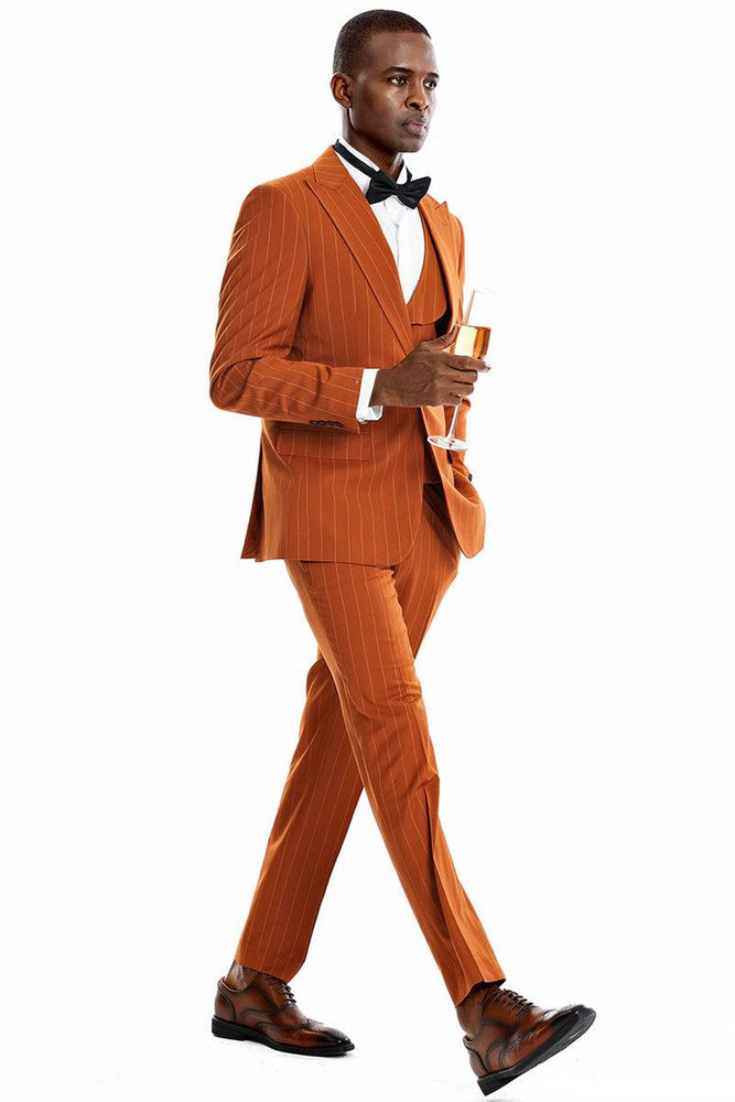 Tazio Men's One-Button Pinstripe Suit -Wide Peak Lapel, Bold Gangster Pattern in Orange Rust - USA Men's Outlet