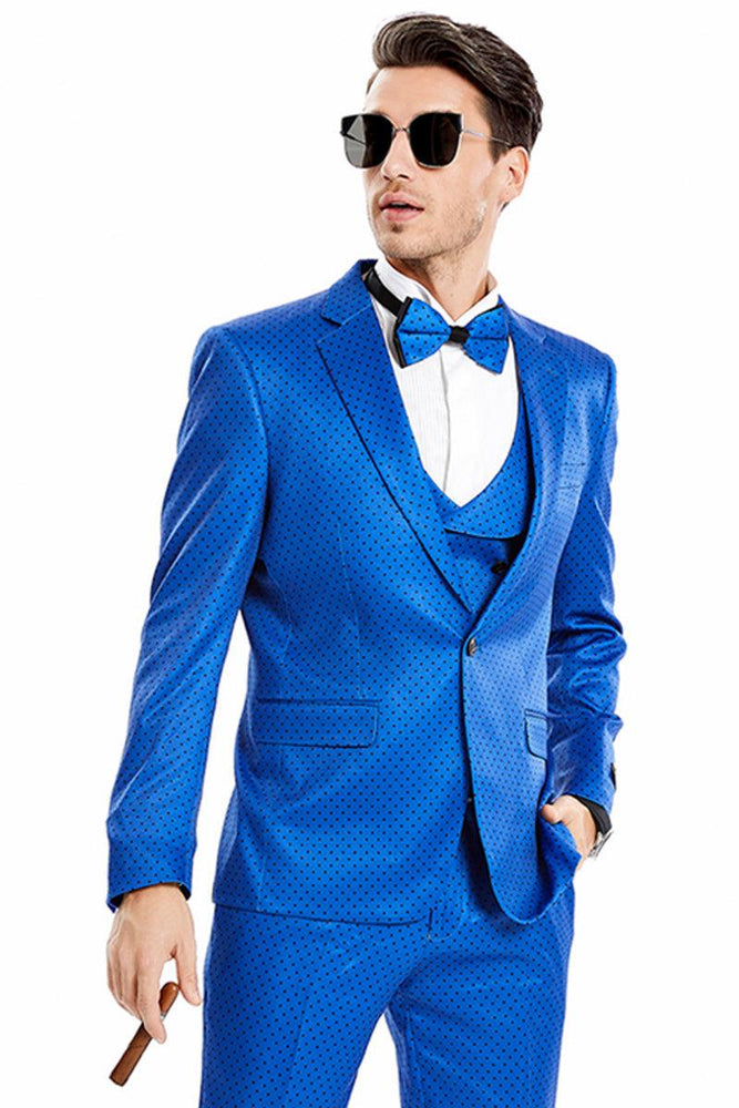 Tazio Men's One-Button Polka Dot Prom Suit in Royal Blue & Black - USA Men's Outlet