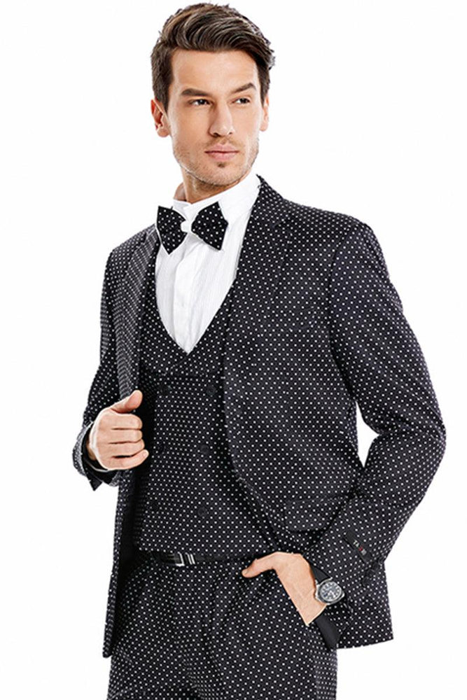 Tazio Men's One-Button Vested Prom Suit, Black & White Mini Polka Dot - USA Men's Outlet