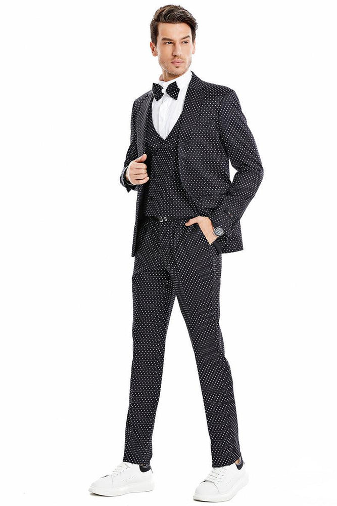 Tazio Men's One-Button Vested Prom Suit, Black & White Mini Polka Dot - USA Men's Outlet