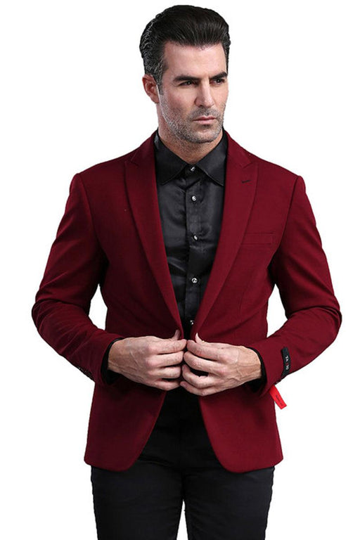 "Tazio Men's Peak Lapel One-Button Blazer - Burgundy Skinny Fit" - USA Men's Outlet