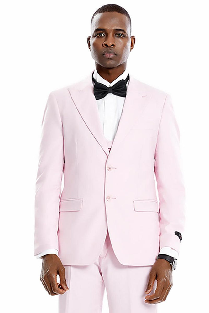 Tazio Men's Pink Pastel Vested Peak Lapel Suit, Perfect for Weddings & Proms - USA Men's Outlet