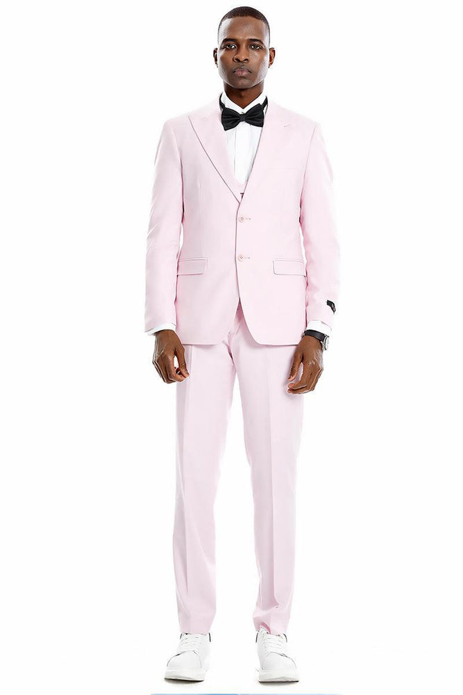 Tazio Men's Pink Pastel Vested Peak Lapel Suit, Perfect for Weddings & Proms - USA Men's Outlet