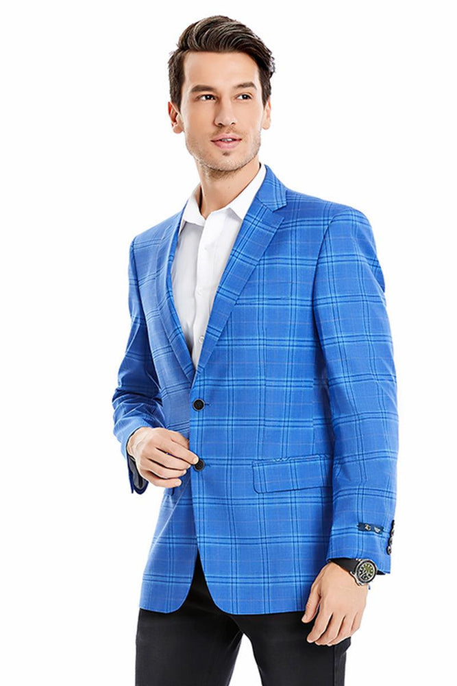 Tazio Men's Plaid Blazer: 2 Button Reg Fit, Light Blue Windowpane - USA Men's Outlet