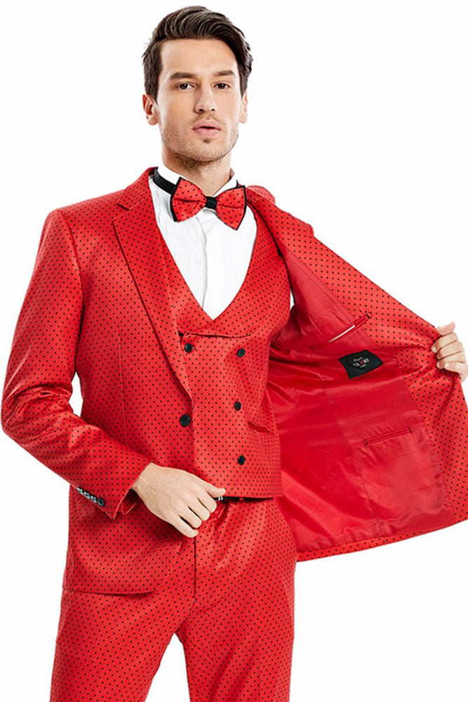 Tazio Men's Polka Dot One-Button Prom Suit in Red & Black - USA Men's Outlet