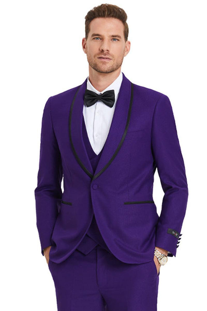 Tazio Men's Purple Birdseye Shawl Tuxedo with Black Satin Trim - USA Men's Outlet