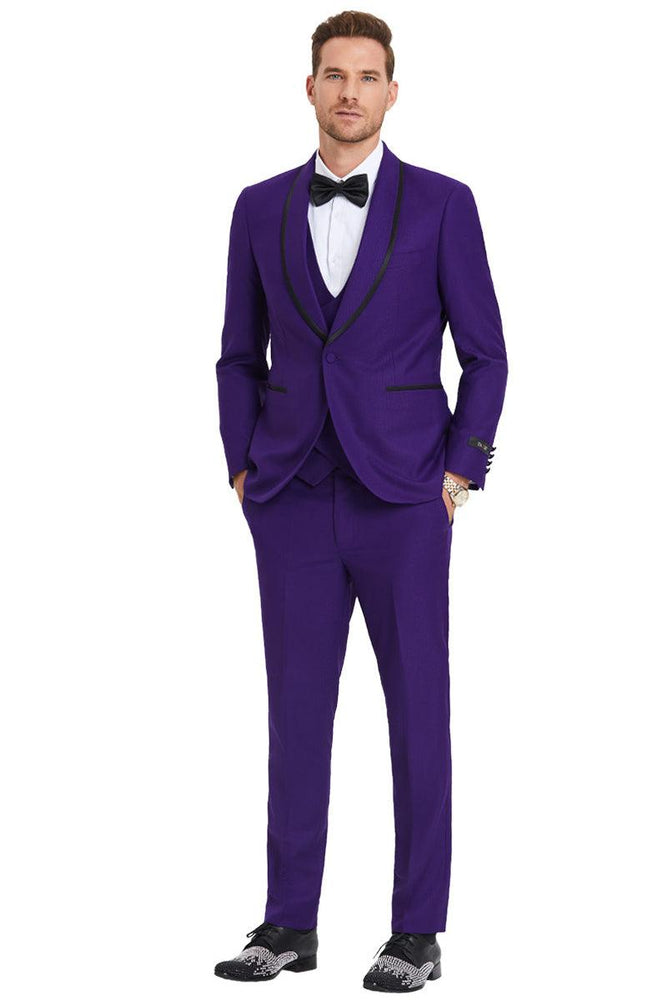 Tazio Men's Purple Birdseye Shawl Tuxedo with Black Satin Trim - USA Men's Outlet