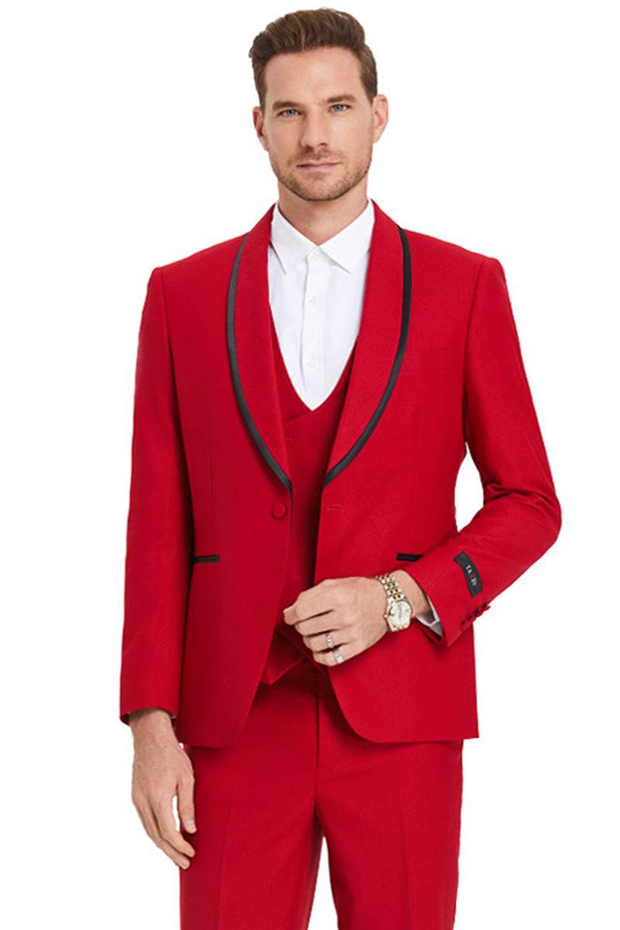 Tazio Men's Red Birdseye Tuxedo w/ Black Satin Trim Shawl Collar & One Button - USA Men's Outlet