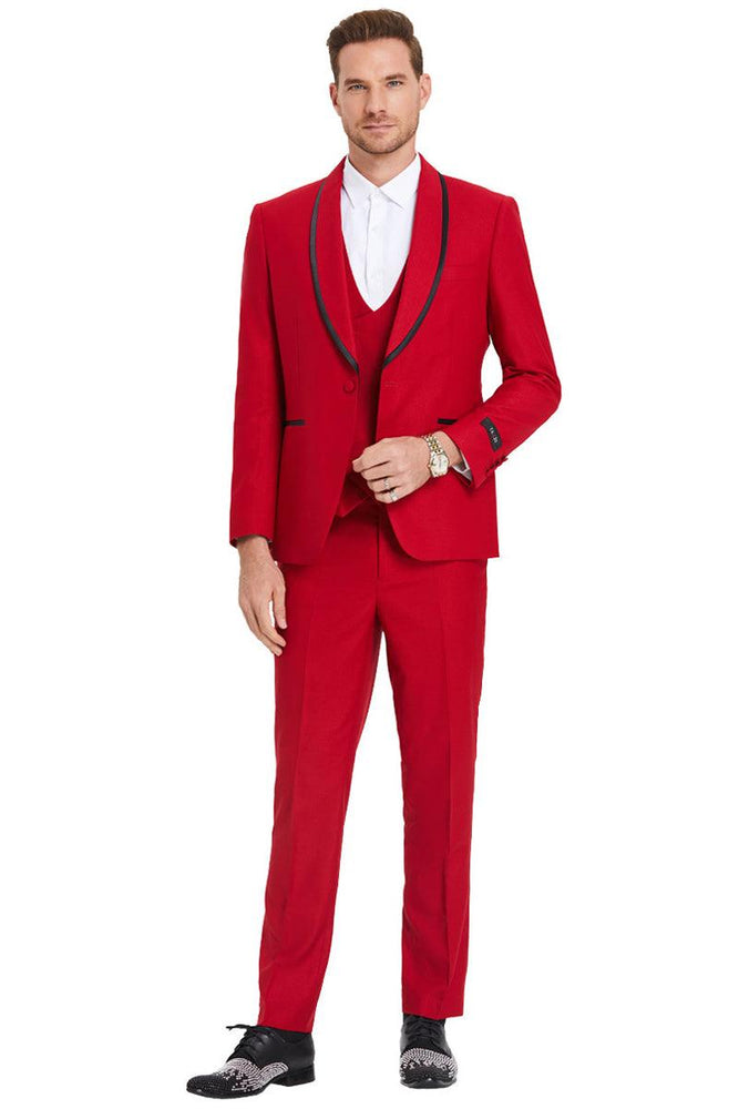 Tazio Men's Red Birdseye Tuxedo w/ Black Satin Trim Shawl Collar & One Button - USA Men's Outlet