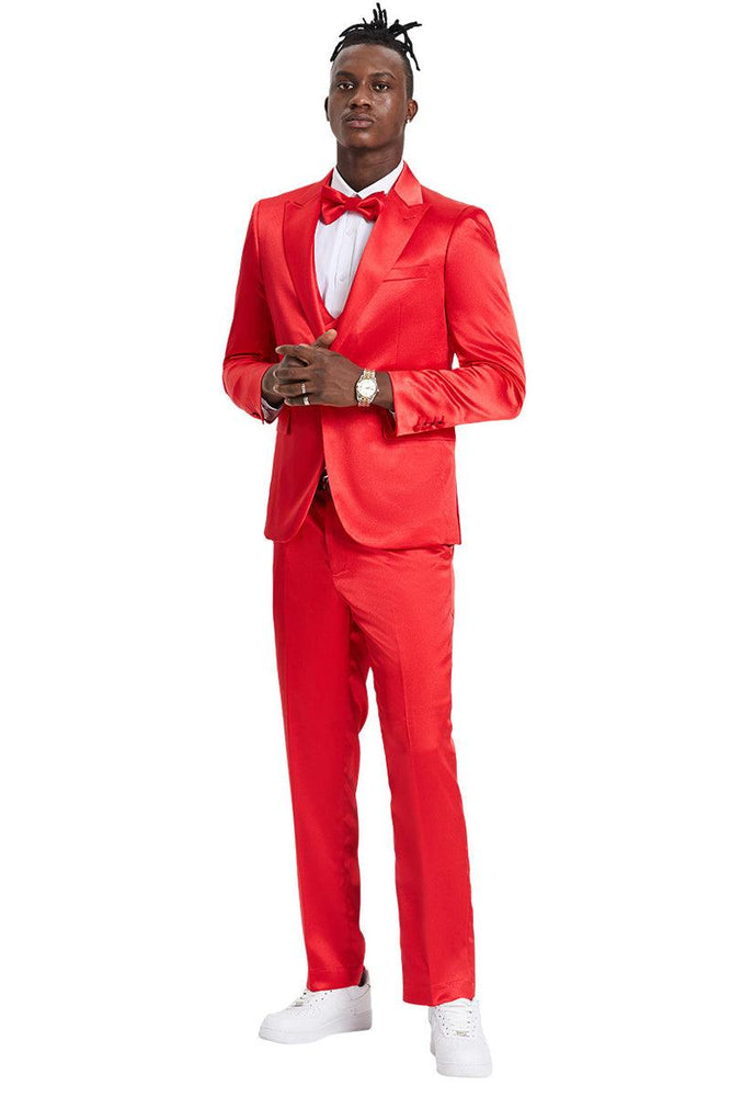 Tazio Men's Red Satin Sharkskin One-Button Suit - Prom & Wedding-Ready - USA Men's Outlet