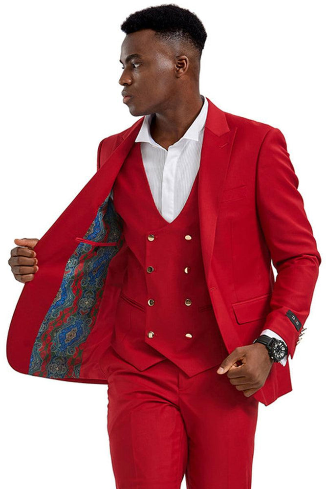 Tazio Men's Red Vested Suit w/ Gold Buttons - Peak Lapel 1-Btn - USA Men's Outlet