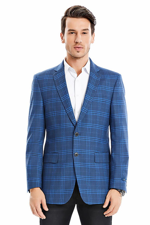 Tazio Men's Regular Fit Blazer w/ Double Windowpane Plaid in Dark Blue - USA Men's Outlet