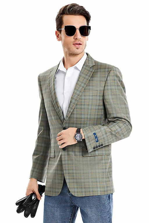 Tazio Men's Regular Fit Plaid Windowpane Blazer in Light Olive Green - USA Men's Outlet