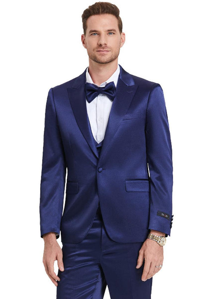 Tazio Men's Shiny Satin Sharkskin One-Button Prom Suit in Indigo Navy - USA Men's Outlet