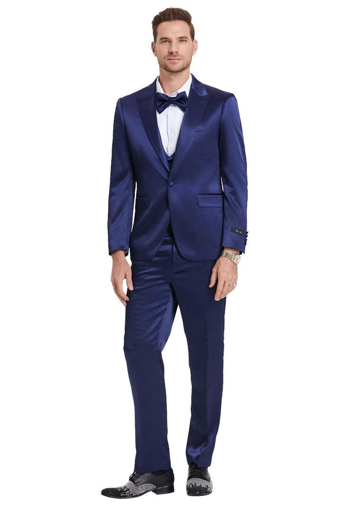 Tazio Men's Shiny Satin Sharkskin One-Button Prom Suit in Indigo Navy - USA Men's Outlet