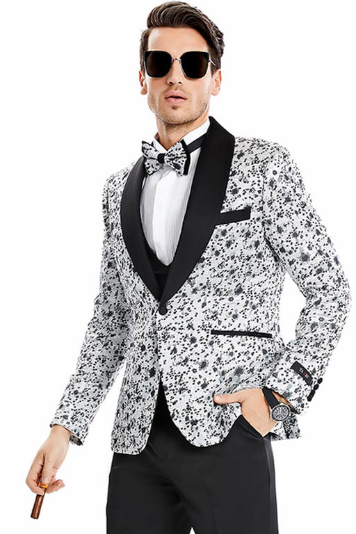 Tazio Men's Silver Grey Vintage Splatter Print 1-Button Prom Tuxedo w/Shawl Lapel - USA Men's Outlet