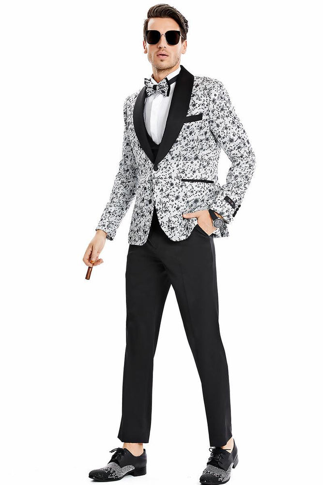 Tazio Men's Silver Grey Vintage Splatter Print 1-Button Prom Tuxedo w/Shawl Lapel - USA Men's Outlet