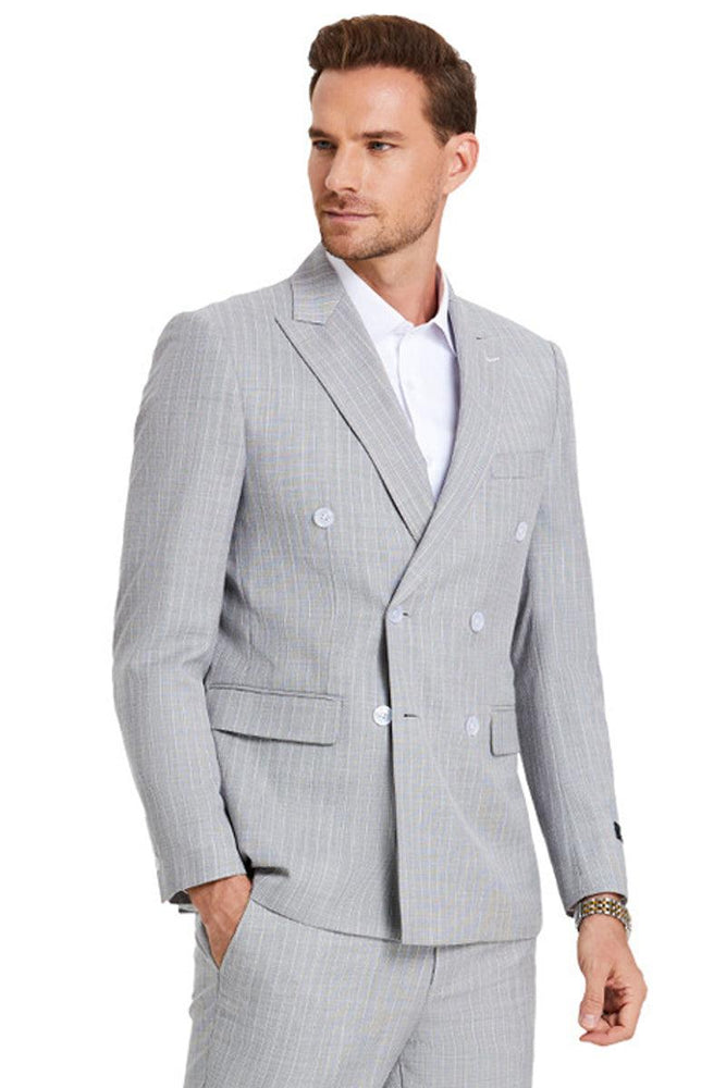 "Tazio Men's Skinny Grey Pinstripe Summer Suit" - USA Men's Outlet