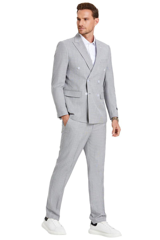 "Tazio Men's Skinny Grey Pinstripe Summer Suit" - USA Men's Outlet