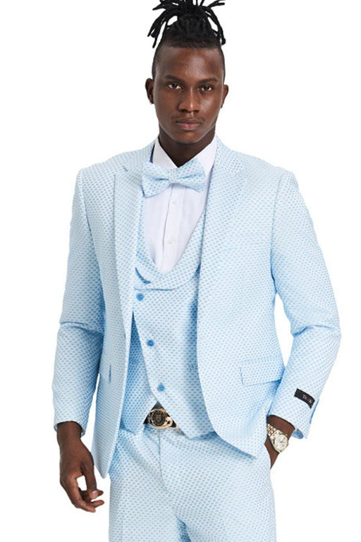 Tazio Men's Sky Blue Polka Dot Notch Lapel One-Button Suit - Wedding & Prom Ready - USA Men's Outlet