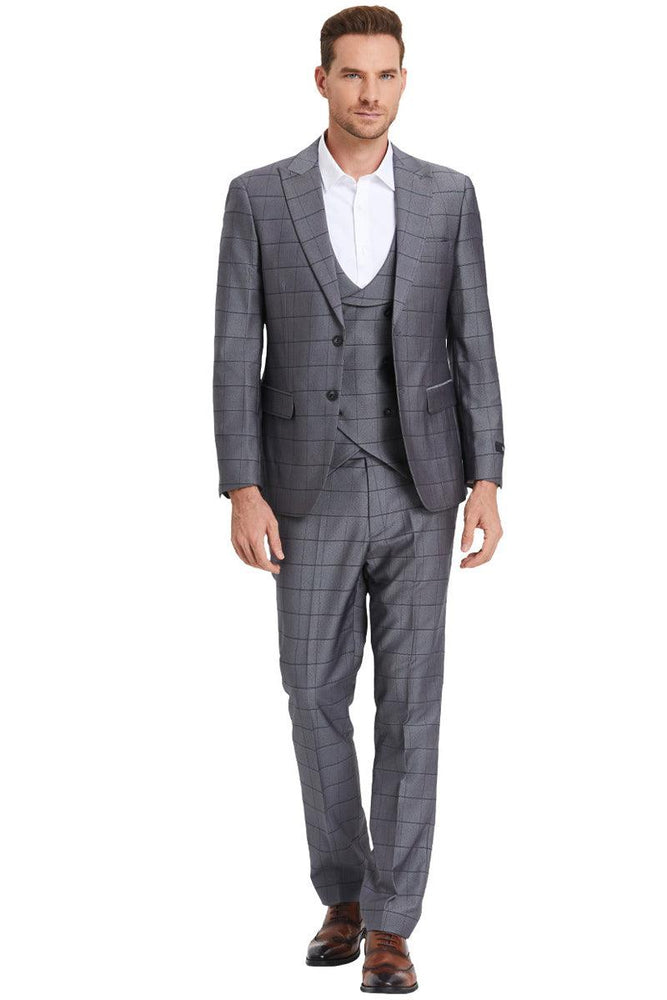 "Tazio Men's Sleek Two-Button Sharkskin Suit in Charcoal Grey Windowpane" - USA Men's Outlet