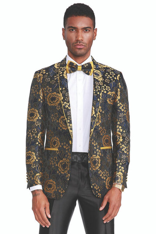 Tazio Men's Slim Fit Black & Gold Floral Paisley Prom Dinner Jacket - USA Men's Outlet