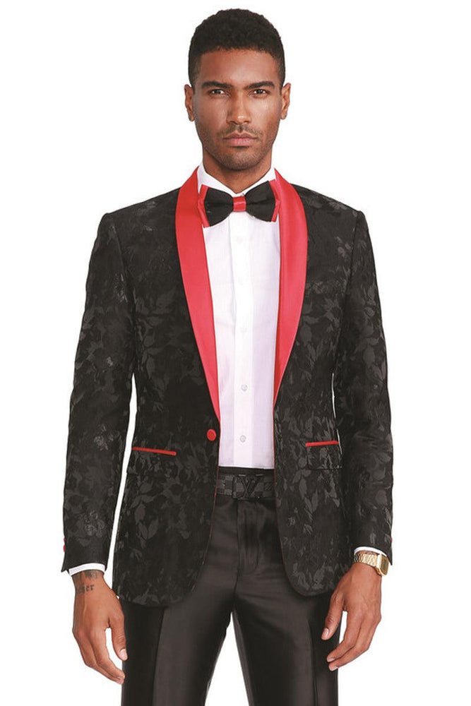 "Tazio Men's Slim Fit Black Paisley Prom Tuxedo Jacket with Red Lapel" - USA Men's Outlet