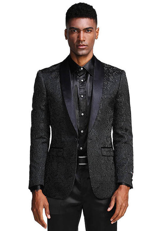 "Tazio Men's Slim-Fit Black Paisley Tuxedo Jacket - Perfect for Weddings & Prom" - USA Men's Outlet