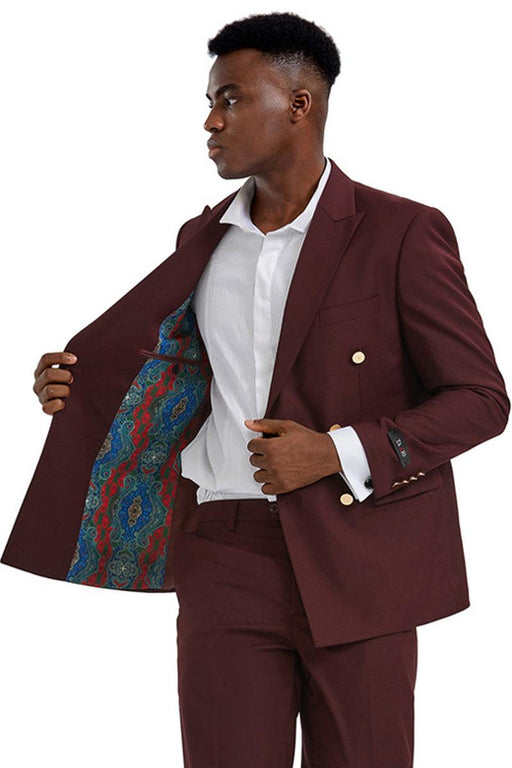 Tazio Men's Slim-Fit Burgundy Wedding Suit with Gold Buttons - USA Men's Outlet