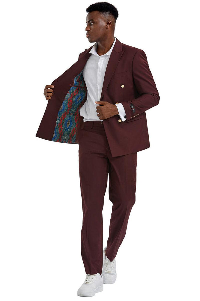 Tazio Men's Slim-Fit Burgundy Wedding Suit with Gold Buttons - USA Men's Outlet