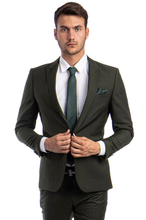 Tazio Men's Slim Fit Dark Olive Green Suit w/ Peak Lapel & 1-Button Closure | 40R CLOSE OUT - USA Men's Outlet